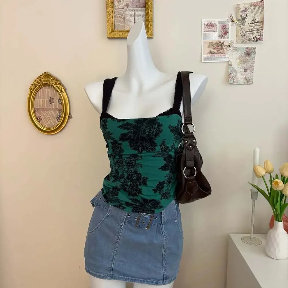 Free People Camisole Size XS Green Black Floral Print Tank Top